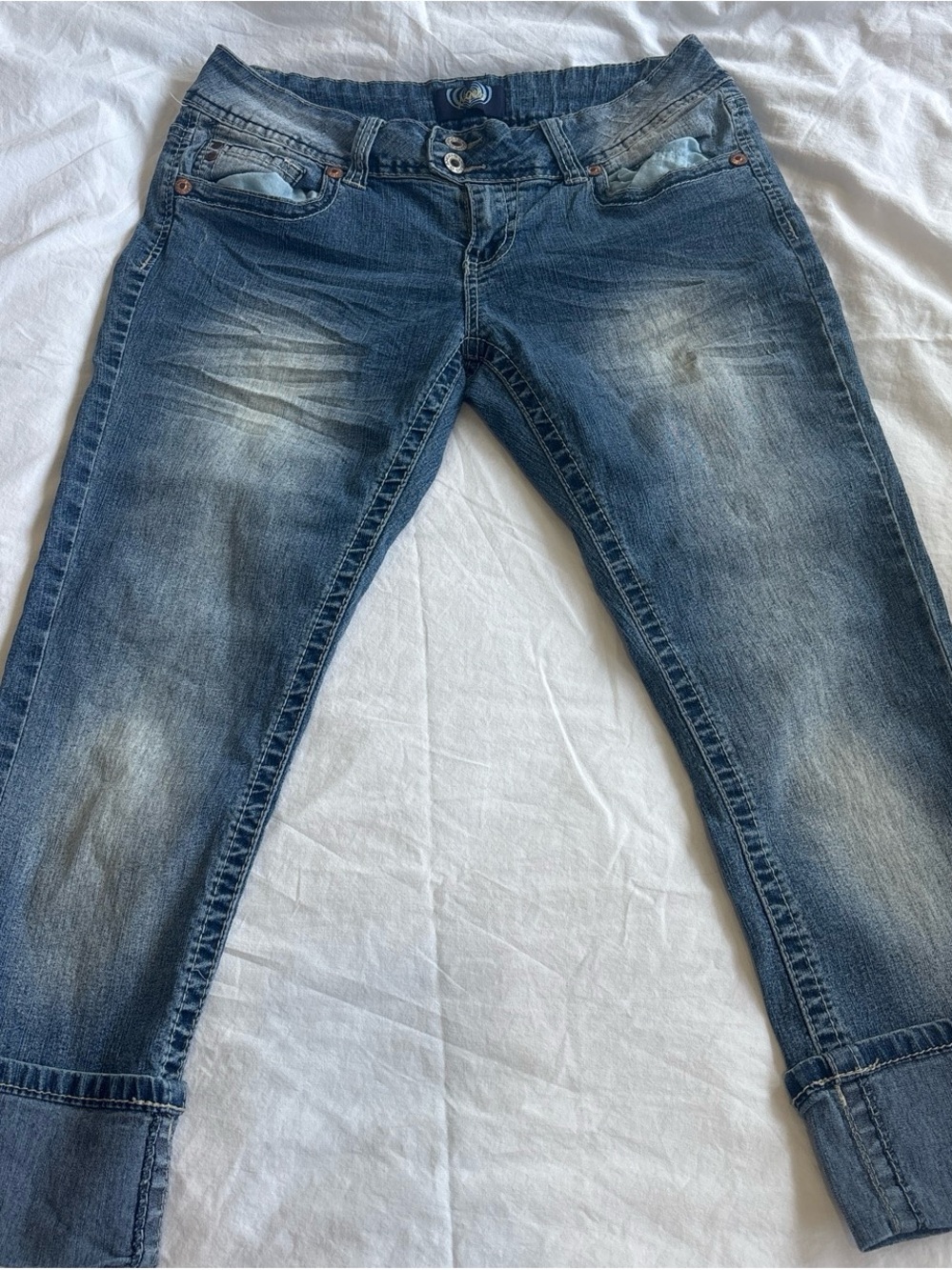 Y2K Angels Jeans Women Slim Straight Faded Blue Denim